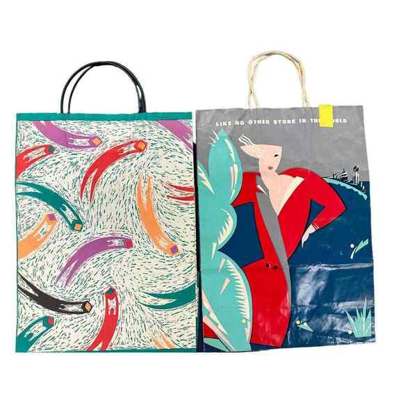 2 VTG RETRO Bloomingdales Paper Shopping Bags 1987 Jose Ortega/David Lee Csicsko - Picture 1 of 4